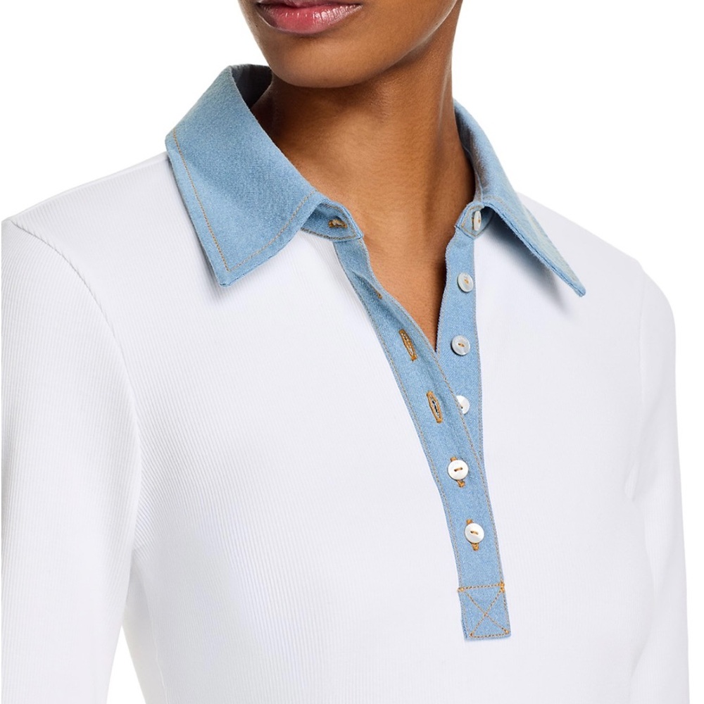 Cinq a Sept Jaden Denim Trim Top in White/Light Wash - Picture 4 of 5